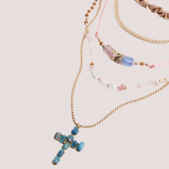 Free People Academia Layered Necklace Gold Cocoa Turquoise Cross - Picture 2 of 5